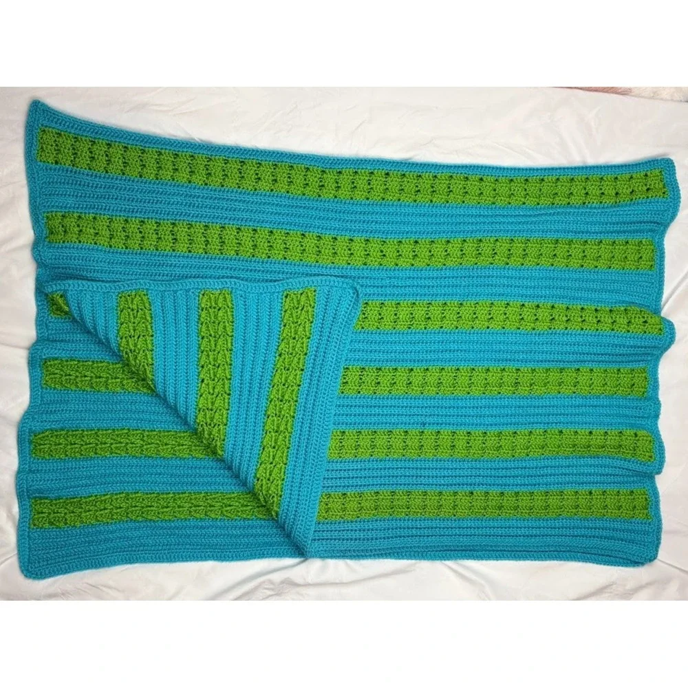 Handmade Crochet Turquoise Lime Green Striped Throw Blanket Soft 45x70‎ Blue
